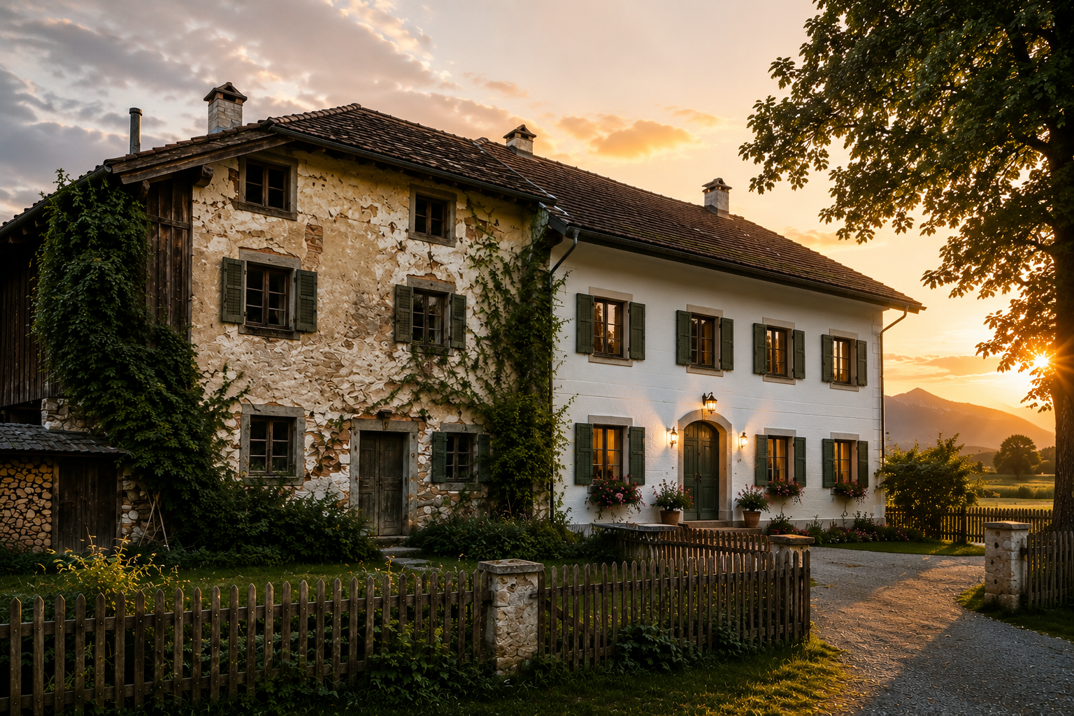 Historisches Bauernhaus in bayerischer Landschaft im Abendlicht